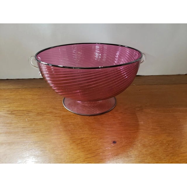 Mid-Century Modern Circa 1960 Italian MCM Murano Cranberry Glass Optic Swirl Pattern Footed Centerpiece Bowl With Applied Handles/Attributed to Fratelli For Sale - Image 3 of 6