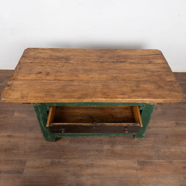 Rustic Rustic 19th Century Green Work Table With Drawer and Large Shelf, Hungary For Sale - Image 3 of 14