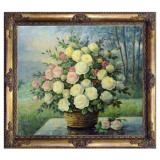 Giovanni Bonetti, Yellow Roses in a Basket, 2018, Oil on Canvas, Framed For Sale