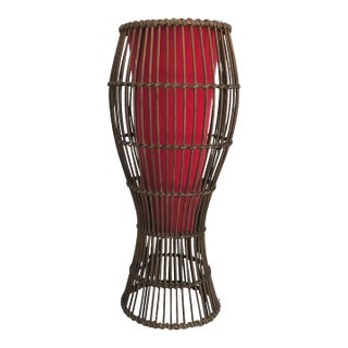 Vintage Rattan Cage Lamp With Ruby Red Shade For Sale