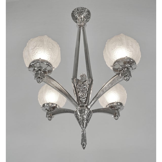 French Art Deco Nickeled Bronze & Frosted Glass Chandelier by Louis Vandamme 1930s For Sale - Image 6 of 13