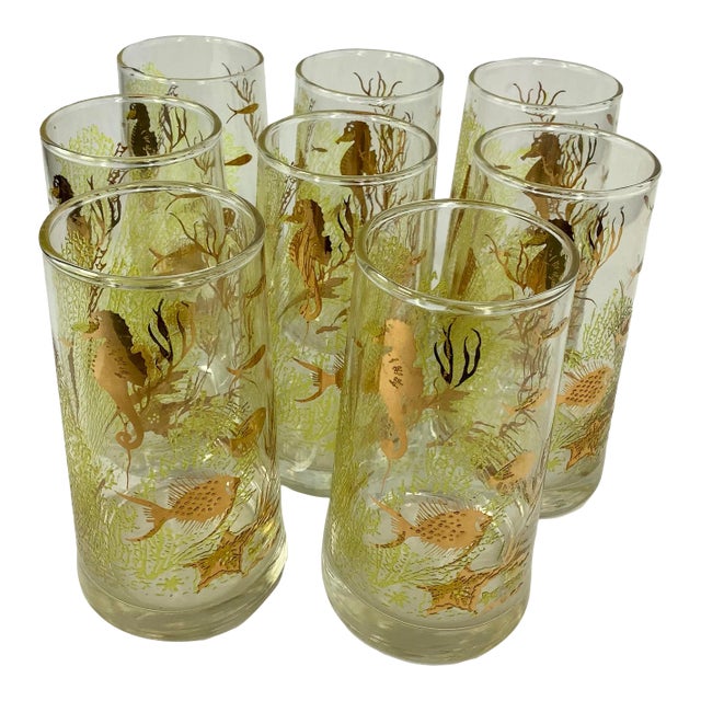 Vintage Marine Life Tumblers With Gilt Seahorses and Fish - Set of 8 For Sale