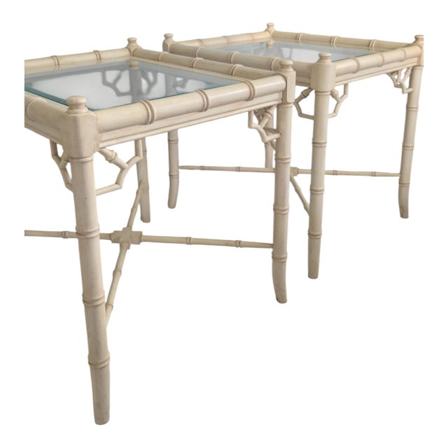 Wood Vintage Thomasville Allegro Faux Bamboo Fretwork Glass-Top Side Tables, Pair of 2 For Sale - Image 7 of 8