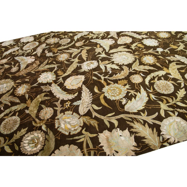 2010s 2010s Brown Modern Ikat Handmade Floral Pattern Designed Wool Rug For Sale - Image 5 of 7