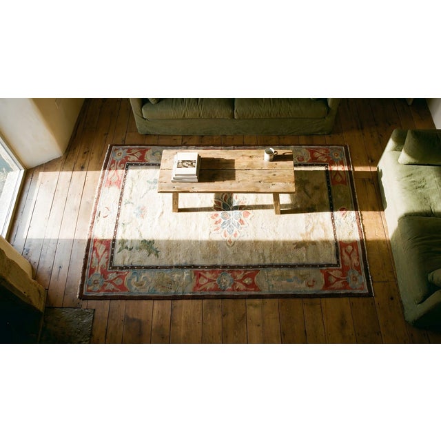 1920s Ivory Medallion Antique Chinese Tibetan Carpet 3' X 6' Handknotted Wool Rug For Sale - Image 11 of 12