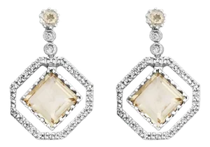 Citrine Quartz Dangling Drop Diamond Earrings 3.63cttw 14k White Gold, 2 Pieces