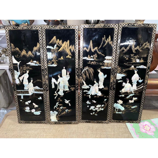 Black 4 Vintage Asian Lacquered Wood Panels For Sale - Image 8 of 10