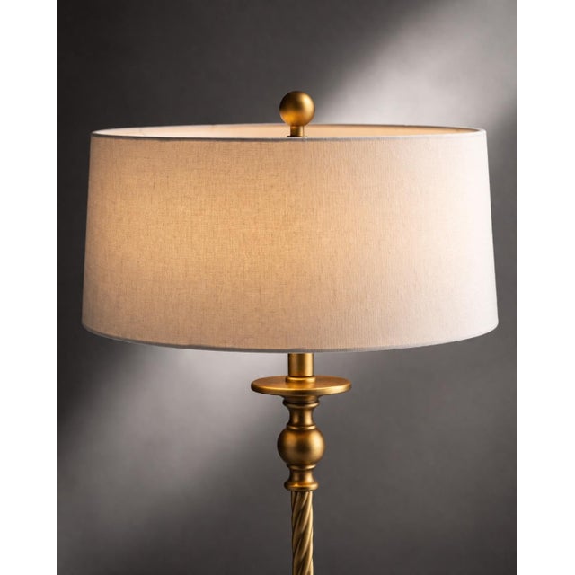 Late 20th Century Tall Neoclassical Buffet Lamps in Sunlit Aged Brass With Twisted Columns & Custom Low-Profile Linen Shades - a Pair For Sale In Los Angeles - Image 6 of 8