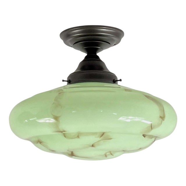 Art Deco Flush Mount in Marbled Opaline Glass and Burnished Brass, Germany, 1920s For Sale