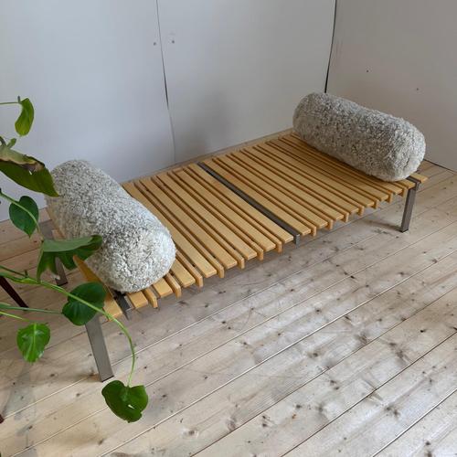Wood and Metal Bench with Cushions, 1970 For Sale - Image 5 of 7