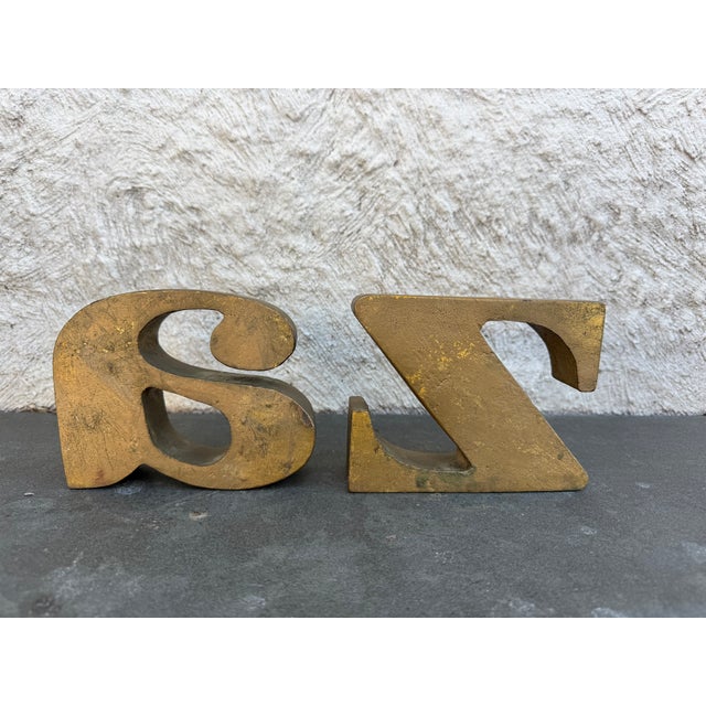 Mid-Century Modern Cutis Jere “A to Z” Bookends Gilt Metal Brutalist Mid Century Modern Read For Sale - Image 3 of 9