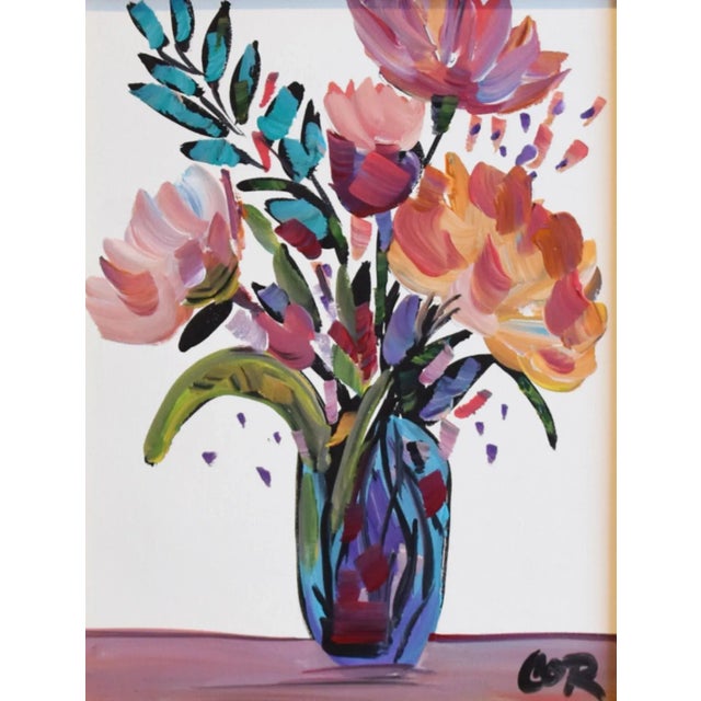 Contemporary, original one-of-a-kind impressionist oil painting on stretched artist's canvas of a colorful floral bouquet...