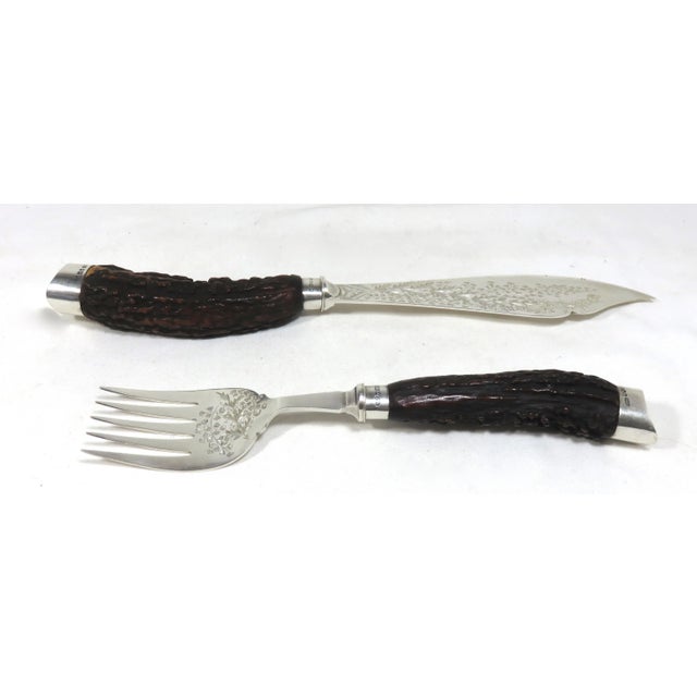English Antique 1893 Hand Engraved Antique Sheffield Plate & Sterling Silver Antler Handle Fish Serving Set For Sale - Image 3 of 13