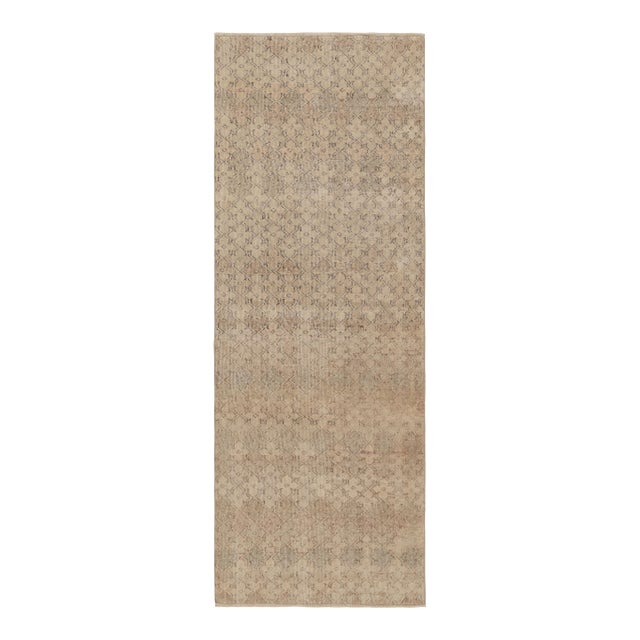Vintage Distressed Runner Rug, Beige and Brown Geometric Pattern - Rug & Kilim For Sale