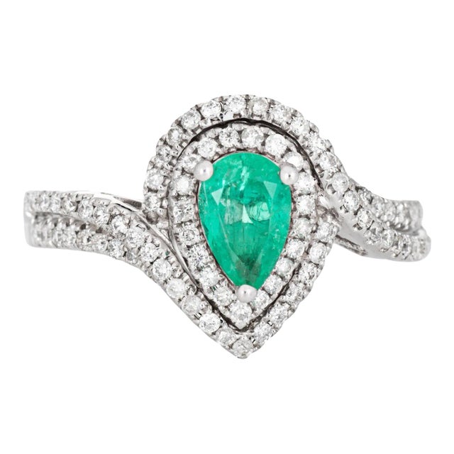 Emerald Diamond Ring Estate 14k White Gold Pear Halo Sz 7 Fine Jewellery For Sale