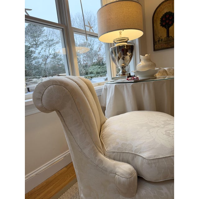 Cream Custom Scallop Backed, Skirted Slipper Chairs in Cloud Dancer Damask, a Pair For Sale - Image 8 of 18