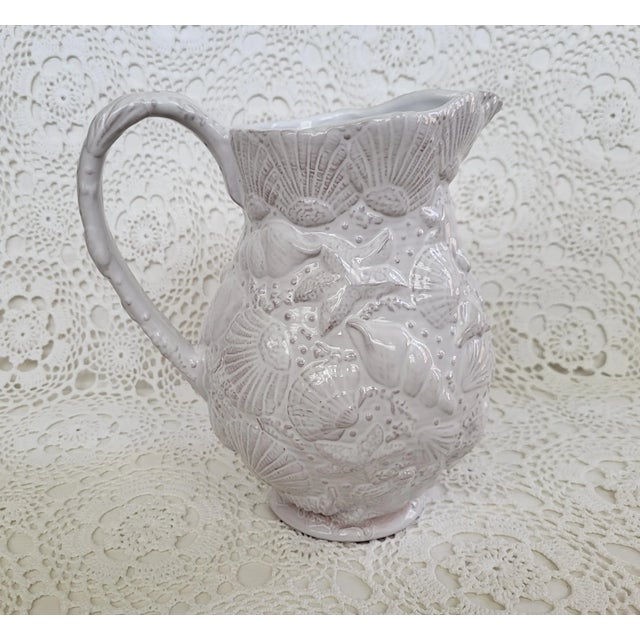 Traditional 1980s Large White Ceramic Pitcher With Shell Pattern, Made in Portugal For Sale - Image 3 of 9
