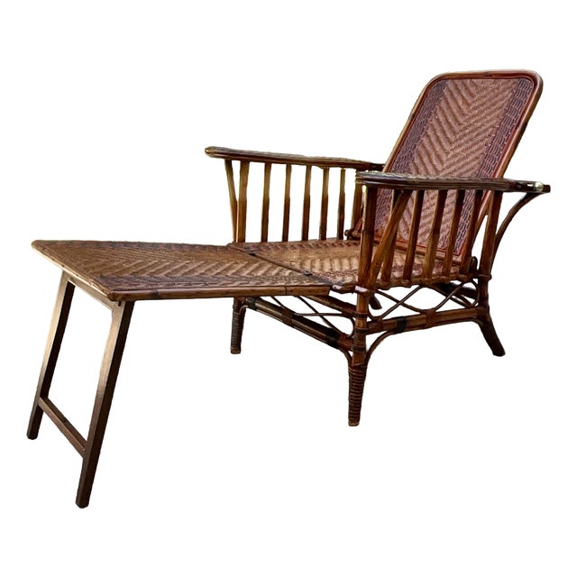 Adjustable Rattan Chaise Longue with Ottoman, 1920s For Sale