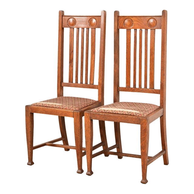 Stickley Brothers Style Antique English Arts & Crafts Carved Oak High Back Side Chairs or Dining Chairs, Pair For Sale