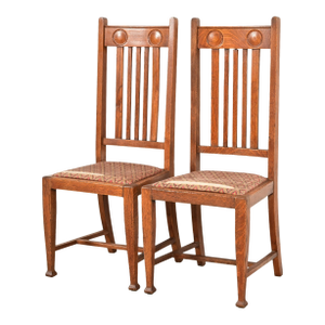 Stickley Brothers Style Antique English Arts & Crafts Carved Oak High Back Side Chairs or Dining Chairs, Pair