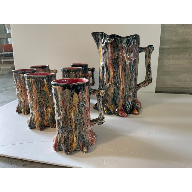 Multi-colored festive faux bois bar set with six handles mugs and a large pitcher. There are no makers marks. Fun summer...