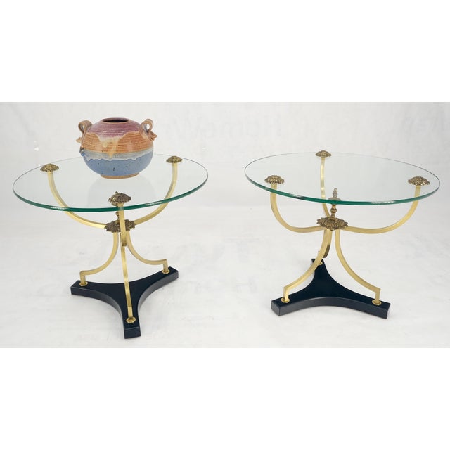 Pair of 22" Round Glass Top Brass Bases End Side Center Tables Stands For Sale - Image 10 of 12