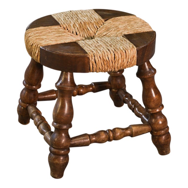 Brutalist Stool in Beech and Rush, 1960s For Sale