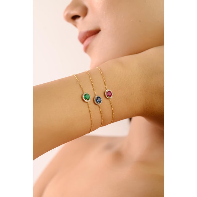 Vintage Style Sapphire Diamond Halo Chain Bracelet in 14k Solid Gold For Sale In New York - Image 6 of 17