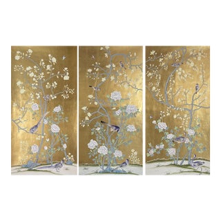 Gold Leaf Hand‑Painted Chinoiserie Mural, Peony & Magnolia Bird Wallpaper Panels For Sale