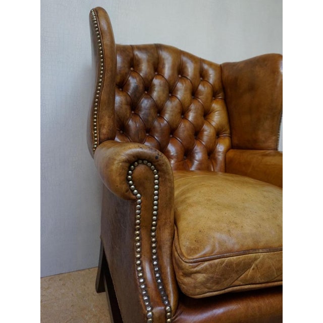 Beige Mid-Century Cognac Leather Chesterfield Wingback Armchair, 1960s For Sale - Image 8 of 14