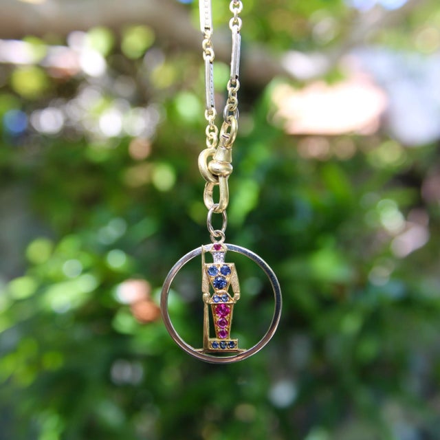 Gold 1940s Retro 18k Gold Diamond Ruby and Sapphire Guard Charm For Sale - Image 8 of 8