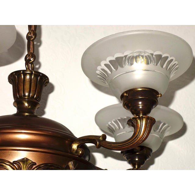 Art Deco French Brass and Glass Five-Light Chandelier, 1940s For Sale - Image 9 of 13