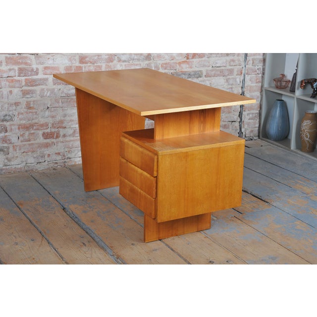 Brown Mid-Century Writing Desk in Oak by B. Landsman, Czech, 1950s For Sale - Image 8 of 11