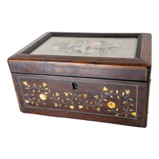 19th Century Continental European Rosewood Veneer Box With Needlepoint, French or German For Sale
