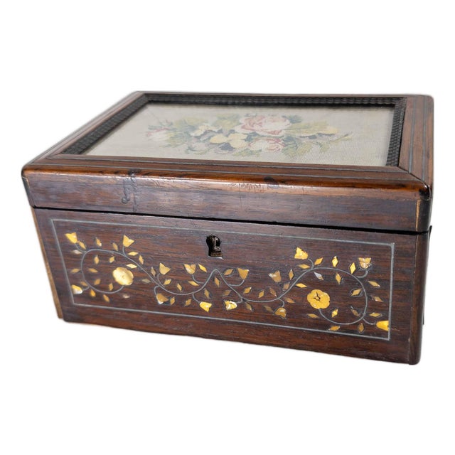 19th Century Continental European Rosewood Veneer Box With Needlepoint, French or German For Sale