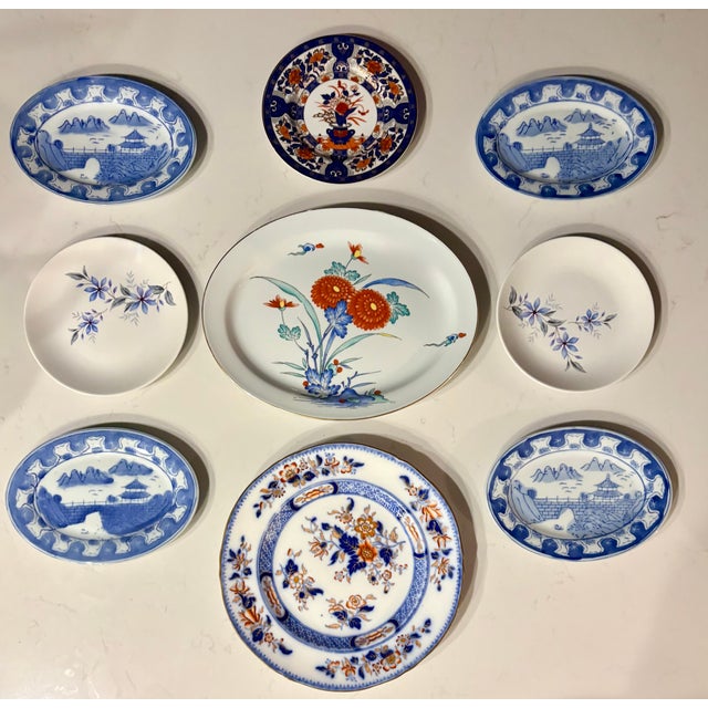 Imari Cobalt Blue and Iron-Red Japanese Floral Themed Decorative Plate Curation-Set of 9 For Sale - Image 18 of 18