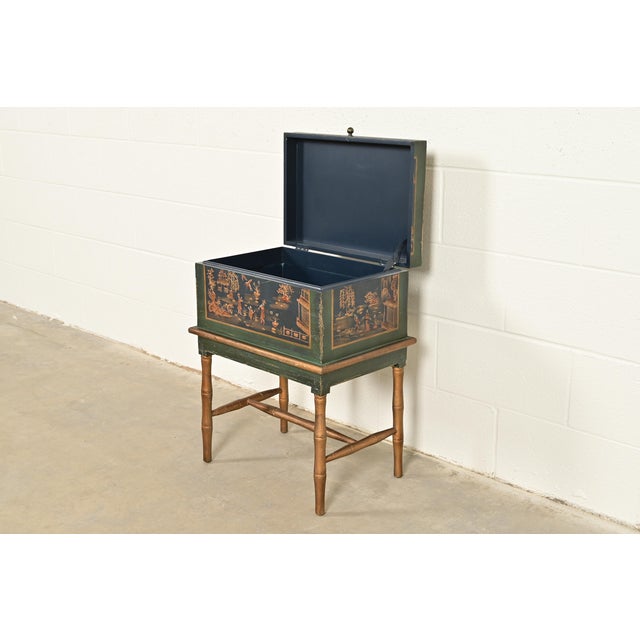 Hollywood Regency Chinoiserie Hand-Painted Green Lacquered and Gold Gilt Chest on Stand For Sale In South Bend - Image 6 of 16