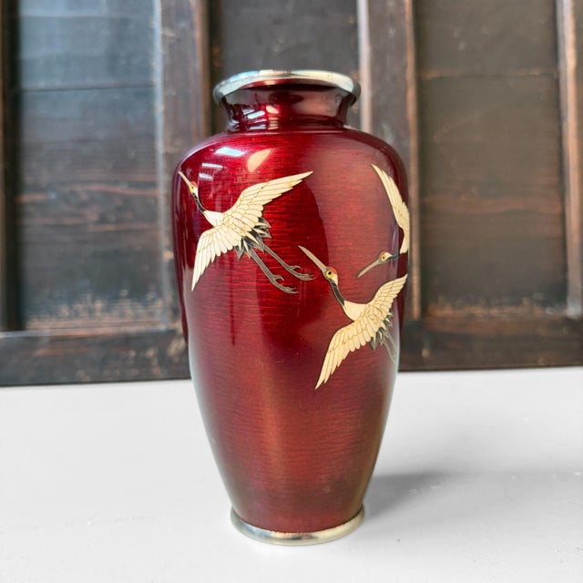Shippo-Yaki Cloisonné Vase Cranes, Andō Shippōten, 1970s For Sale - Image 10 of 18