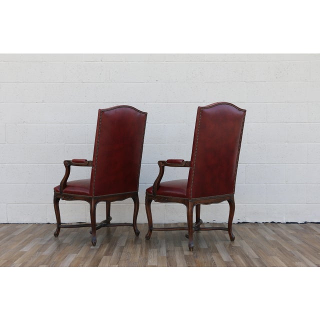 Pair of Vintage English Regency Style Leather Armchairs | Carved Wood Frame, Nailhead Trim For Sale - Image 4 of 18
