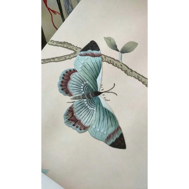 Paper Hand‑Painted Chinoiserie Tropical Garden Mural Wall Panels, Botanical Bird & Fruit Wallpaper For Sale - Image 7 of 11