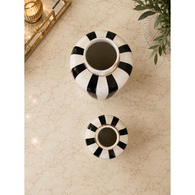 Pair of Hollywood Regency Style Black & White Striped Ceramic Vases For Sale - Image 4 of 5
