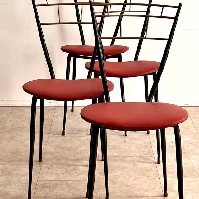 Vintage Metal and Brass Chairs with Red Skai Seat, 1960s, Set of 4 For Sale - Image 3 of 5