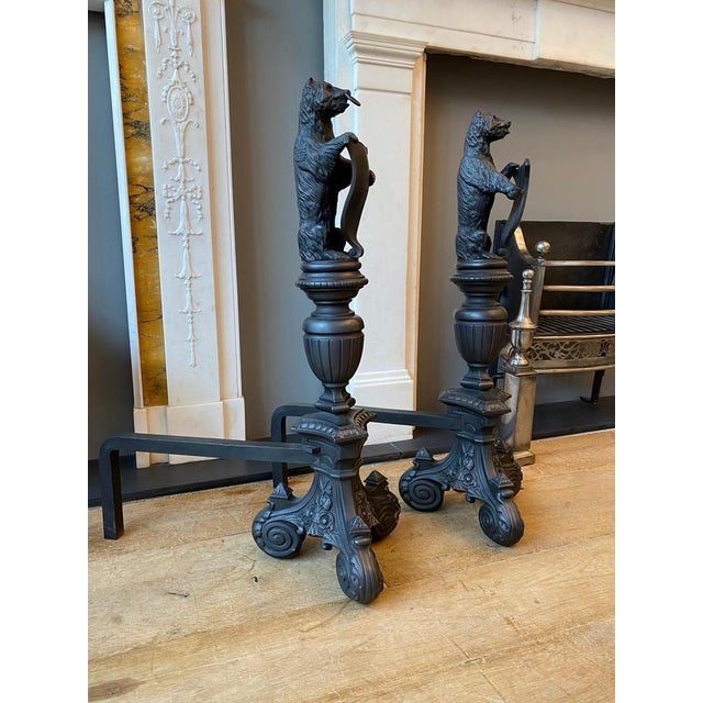 Metal Tall Antique Fire Dogs in Cast Iron, 1890, Set of 2 For Sale - Image 7 of 16