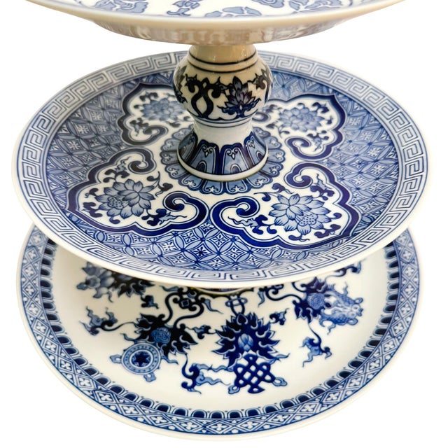 1990s Large Chinoiserie Blue & White 3-Tier Porcelain Serving Stand by Bombay For Sale In San Diego - Image 6 of 11