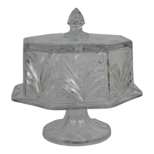 Vintage Heavy Octagonal Cut Crystal Domed Footed Pedestal Cake Plate Stand