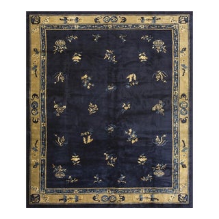 1930s Navy Floral Deco Antique Chinese Peking Knotted Wool Rug 8'2" X 9'8" For Sale