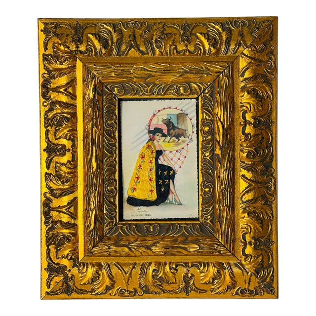 1940s Spanish Embroidered Flamenco Dancer Postcard in Gold Frame For Sale