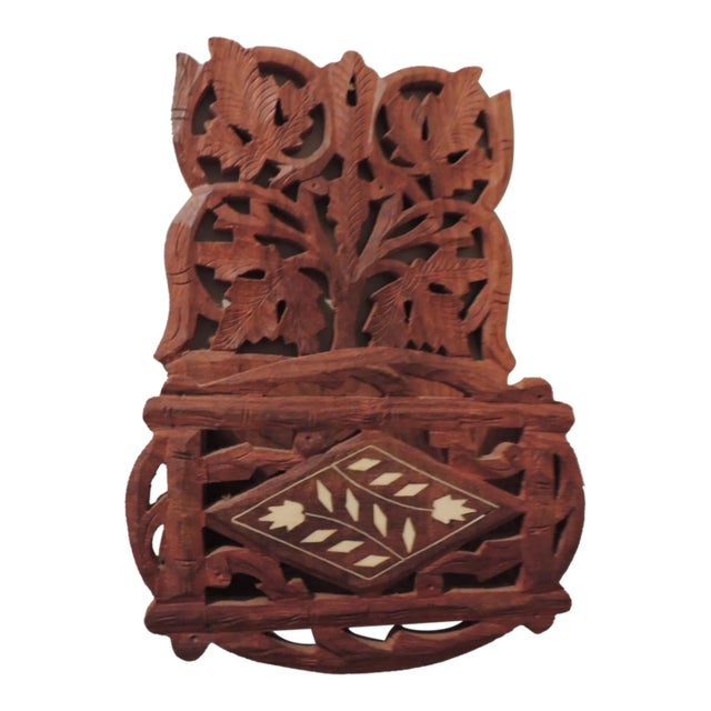 Petite Wood Carved Vintage Wall Shelf With Inlaid Camel Bone Details For Sale