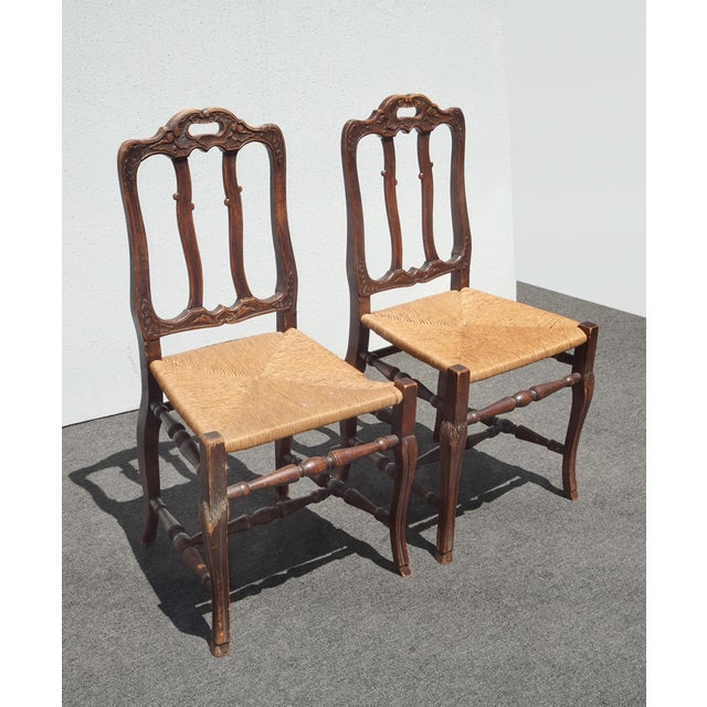French Provincial Pair of Antique French Provincial Style Ornate Carved Rush Seat Side Chairs For Sale - Image 3 of 17