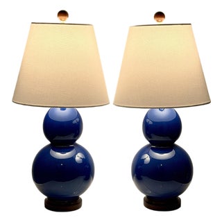 Ralph Lauren Home Cobalt Blue Double Gourd Porcelain Table Lamps – Pair For Sale